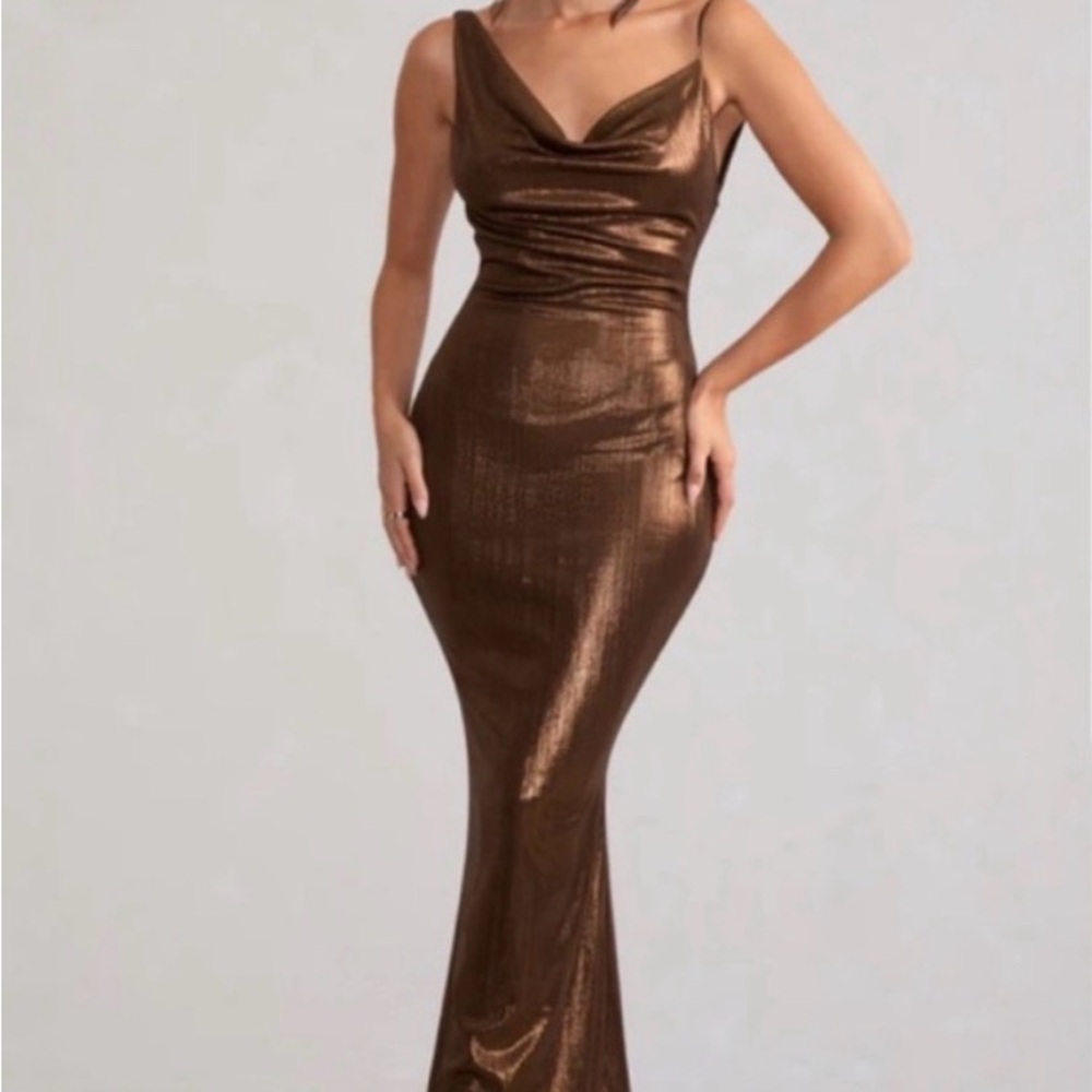 Metallic Brown Cowl-Neck Maxi Dress